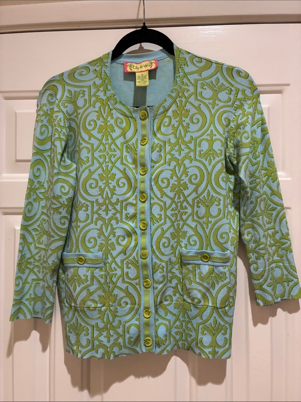 Lilly & Van Green & Blue Patterned button down cardigan with button pockets